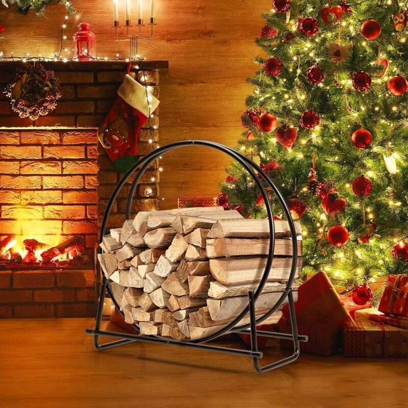 foto del prodotto portalegna in ferro, con base stabile e maniglia per spostamento, superficie verniciata resistente, struttura capiente per lenga da ardere, nero