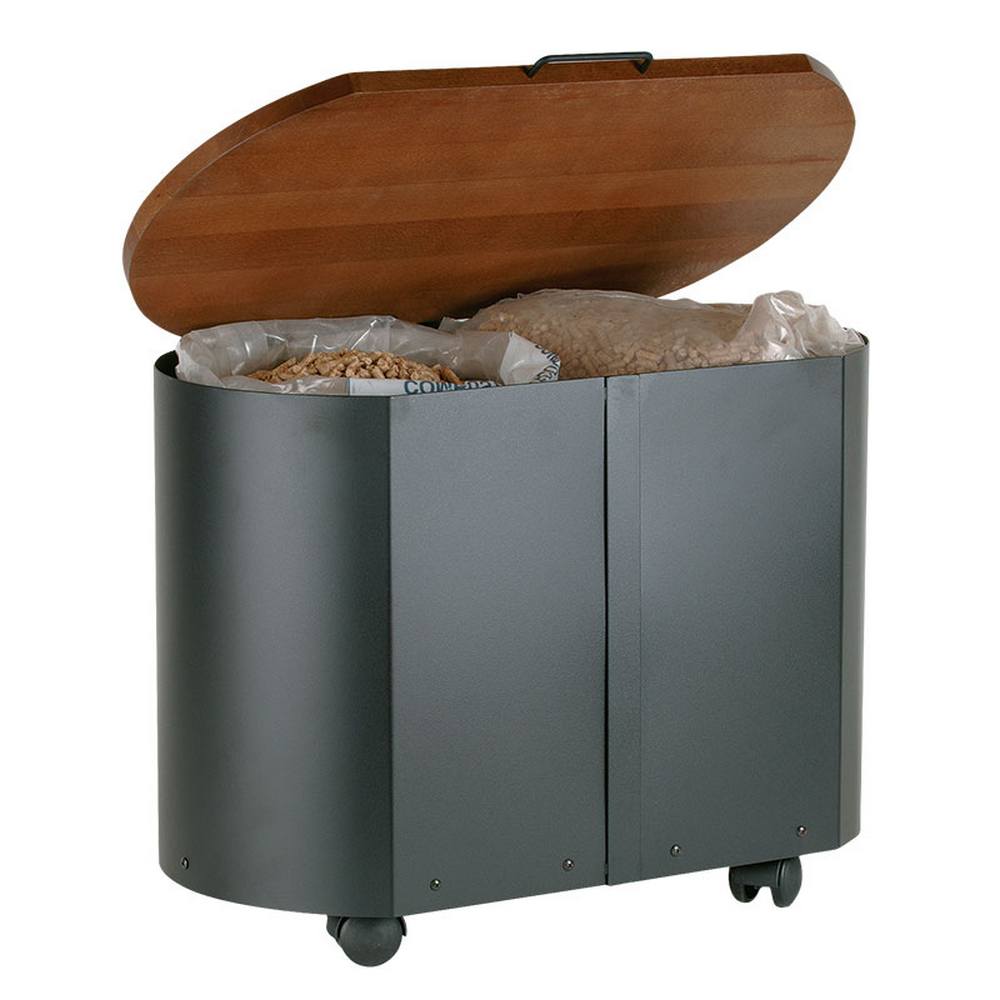 foto del prodotto portalegna portapellets acciaio nero coperchio legno h.45 l.65x35 cm. made in italy