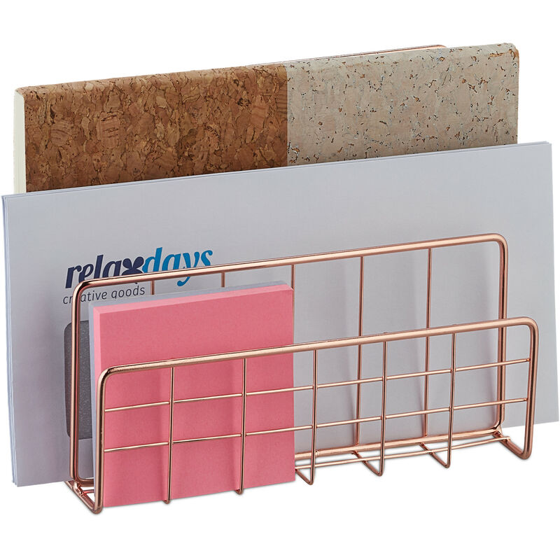 foto del prodotto portalettere da scrivania, portadocumenti, 3 scomparti, design a rete, 14 x 17,5 x 8 cm, in ferro, oro rosato relaxdays