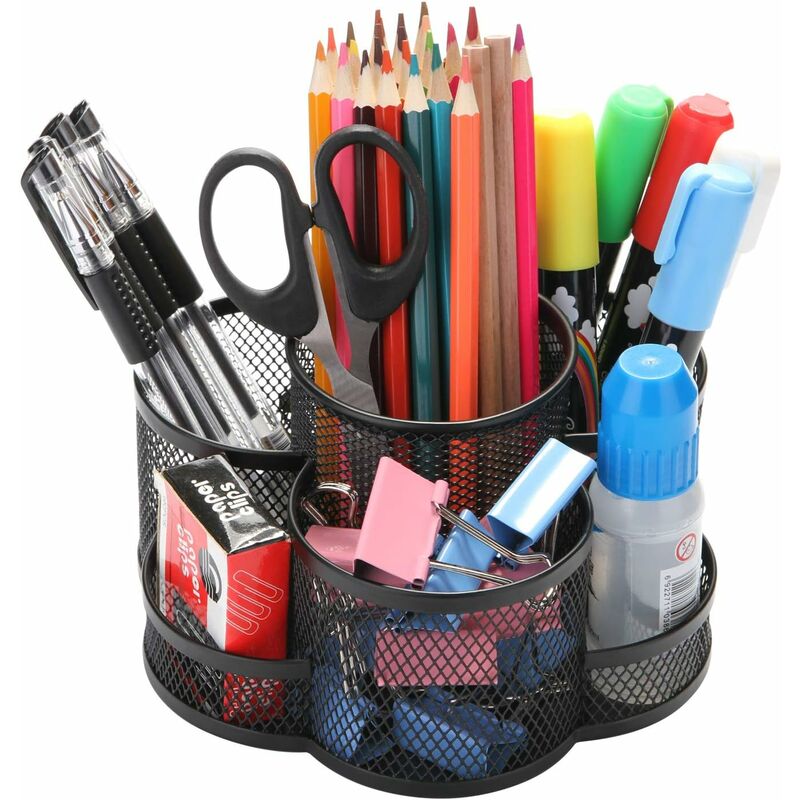 foto del prodotto portamatite da scrivania girevole, portapenne in metallo per scrivania, rotazione a 360 e 7 scomparti, organizer per la conservazione di forniture