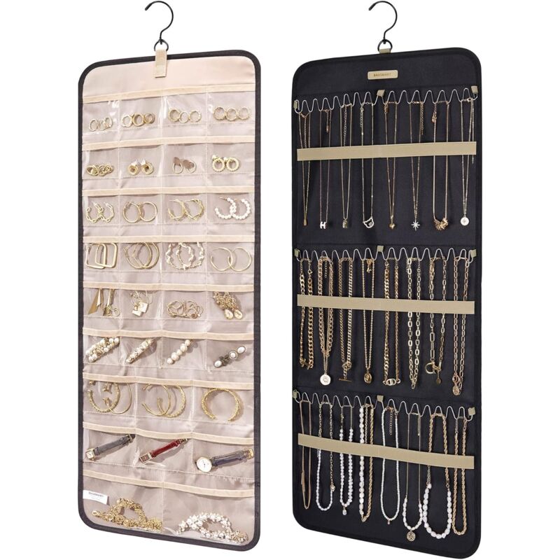 foto del prodotto portaoggetti a rotolo per gioielli da appendere con ganci in metallo, portagioie bifacciale per orecchini, collane, anelli su armadio, parete, porta,