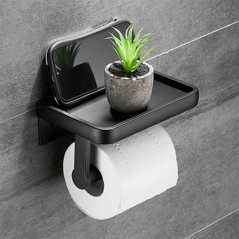 foto del prodotto portaoggetti da bagno, porta carta igienica nero e oro, porta asciugamani con porta cellulare