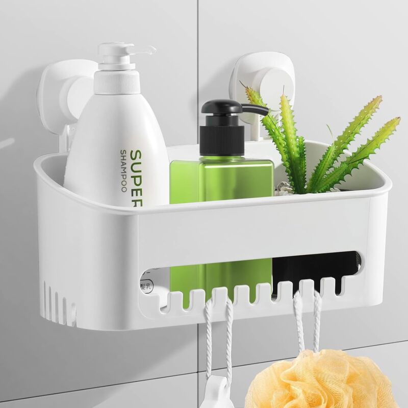 foto del prodotto portaoggetti da doccia con ventosa, senza foratura, riutilizzabile, rimovibile, 8 kg, in plastica, da parete, per bagno wc cucina, bianco.