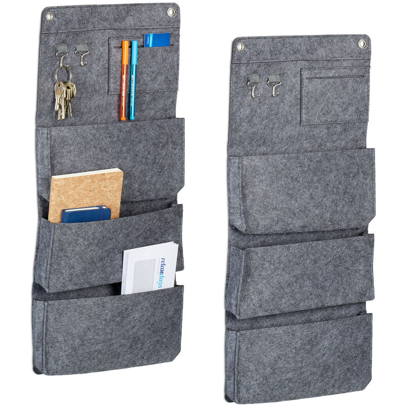 foto del prodotto portaoggetti da parete, set da 2 in feltro, 6 cestini, organizer per bagno e cucina, 64,5 x 25 cm, grigio relaxdays