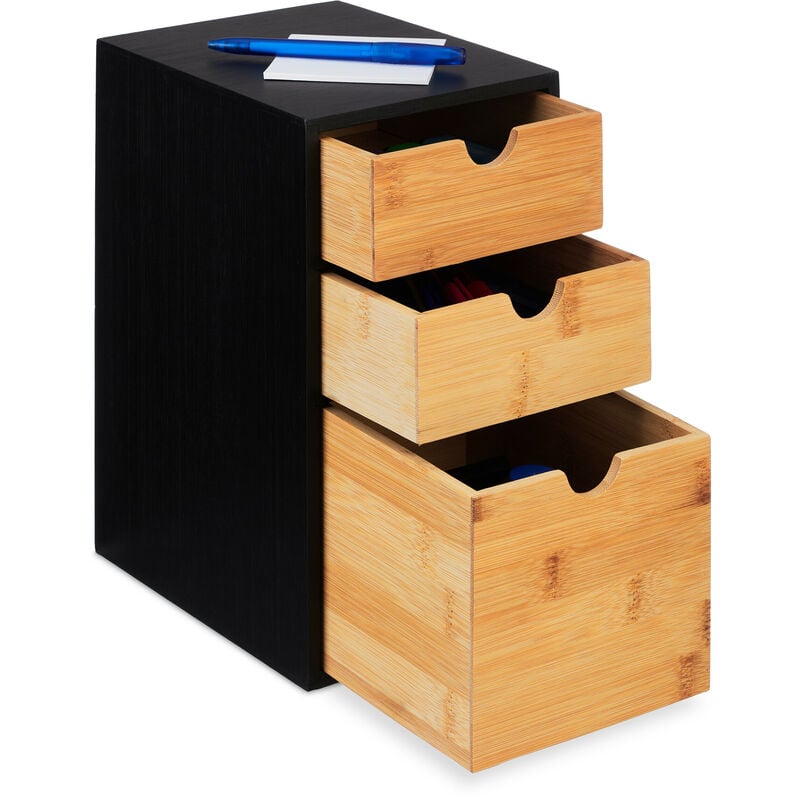 foto del prodotto portaoggetti da scrivania con cassetti, 3 cassettini, organizer in bamb , 28 x 17 x 21,5 cm, naturale nero relaxdays
