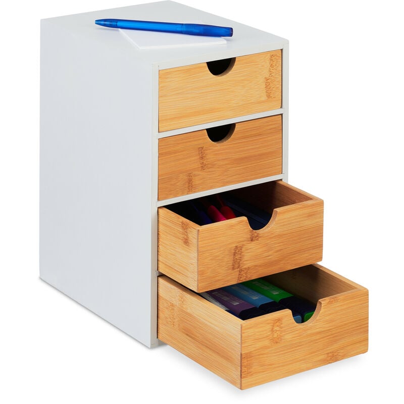 foto del prodotto portaoggetti da scrivania con cassetti, 4 cassettini, organizer in bamb , 27,5 x 16,5 x 21 cm, naturale bianco relaxdays