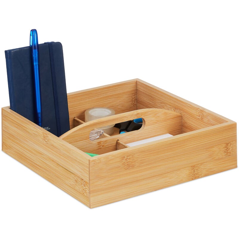 foto del prodotto portaoggetti da scrivania, scatola con 4 scomparti e manico, 6,5 x 25 x 25 cm, per bagno, ufficio, naturale relaxdays