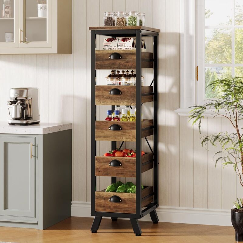 foto del prodotto portaoggetti in legno per frutta e verdura, supporto stretto a 5 ripiani per snack e frutta, supporto estraibile per cucina, soggiorno, marrone