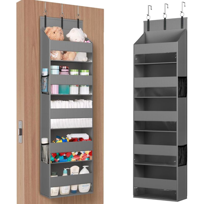 foto del prodotto portaoggetti sospeso con 5 ripiani e 3 ganci, organizer sospeso con 4 tasche laterali, ripiani da parete appesi alla porta per camera da letto,