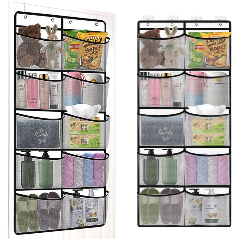 foto del prodotto portaoggetti sospeso, mensola sospesa, portaoggetti sospeso, organizer per porte, organizer multifunzionale per porte con 10 tasche a rete per camera