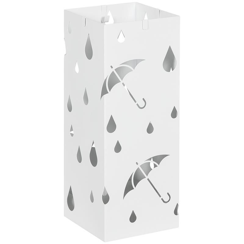 foto del prodotto portaombrelli in metallo con 4 ganci e vaschetta raccogligocce. 15.5x15.5x41cm. bianco