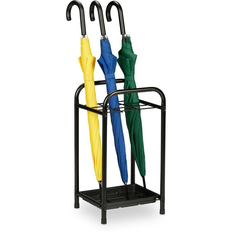 foto del prodotto portaombrelli, in metallo, con vaschetta raccogli acqua, hxlxp 53,5 x 29,5 x 27 cm, stand per ombrelli, nero relaxdays