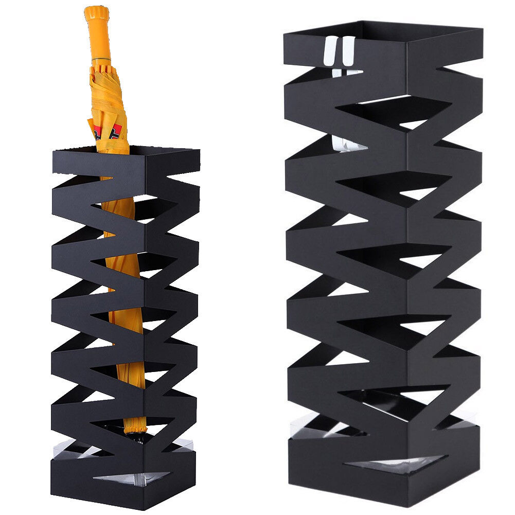 foto del prodotto portaombrelli in metallo design quadrato stand nero vaschetta salvagoccia