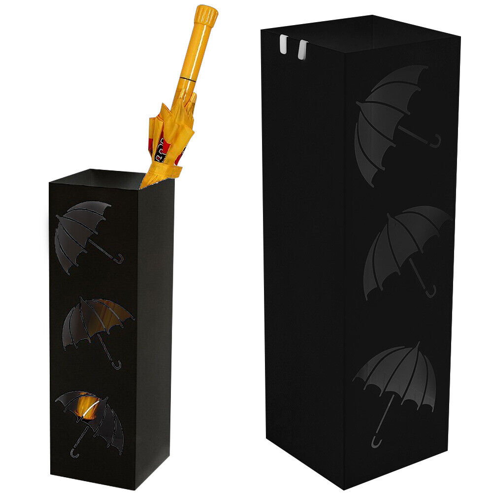 foto del prodotto portaombrelli in metallo design quadrato stand nero vaschetta salvagoccia