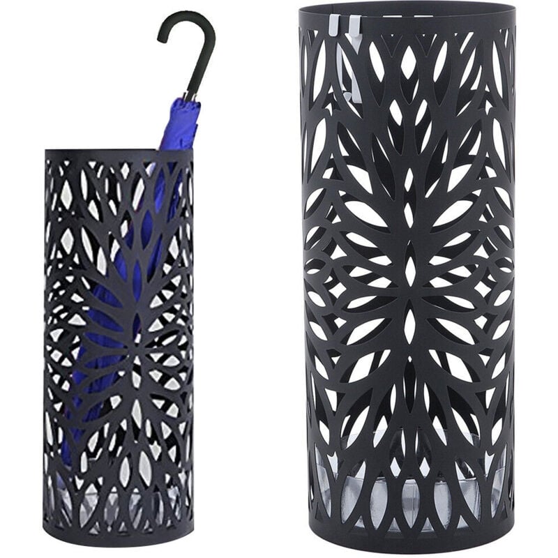 foto del prodotto portaombrelli in metallo design rotondo stand nero vaschetta salvagoccia