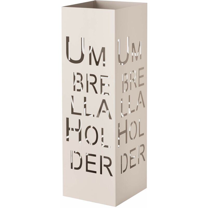 foto del prodotto portaombrelli porta ombrelli design moderno in metallo con intaglio scritta umbrella holder nero con gancino e vaschetta scolapioggia rimovibile