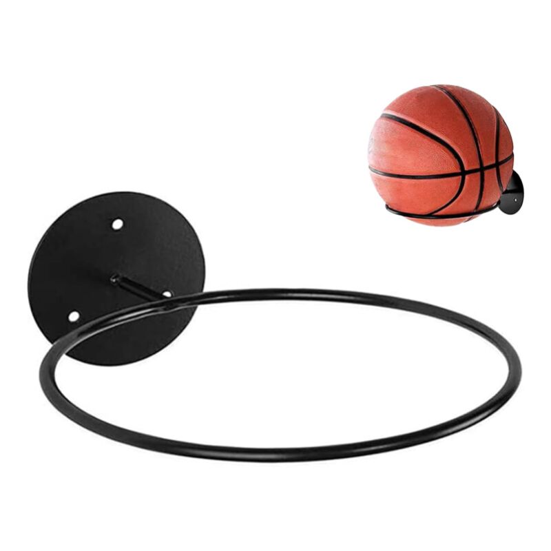 foto del prodotto portapalle da parete, portapalle da parete, portapalle in metallo da parete per basket, calcio, rugby, pallavolo, calcio, tabellone segnapunti nero 