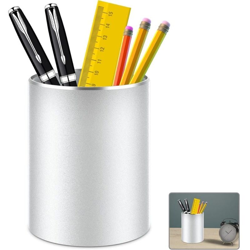 foto del prodotto portapenne da scrivania, organizer da scrivania rotondo in metallo e alluminio per ufficio, scuola, casa e bambini, base in silicone antiscivolo