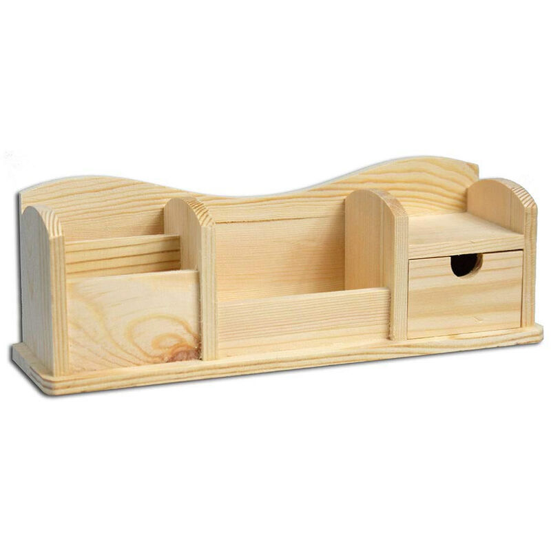 foto del prodotto portapenne organizer in legno da scrivania 4 scomparti e cassetto portaoggetti contenitore penne da decorare per decoupage fa da te bricolage pittura