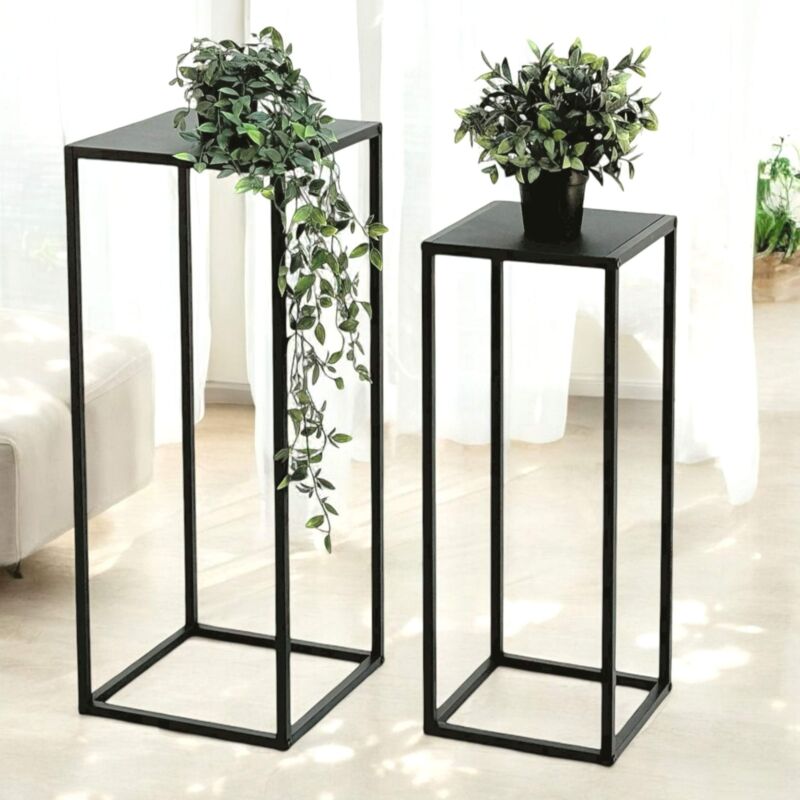 foto del prodotto portapiante metallo nero quadrato set 2 pezzi 96574 tavolino sgabello per fiori supporto per piante colonna per fiori design moderno sgabello per