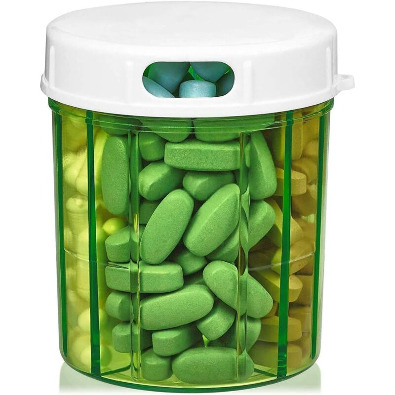 foto del prodotto portapillole con 4 scomparti, contenitore per medicinali, vitamine e integratori, a forma di bottiglia rotonda 9910 cm sollbry