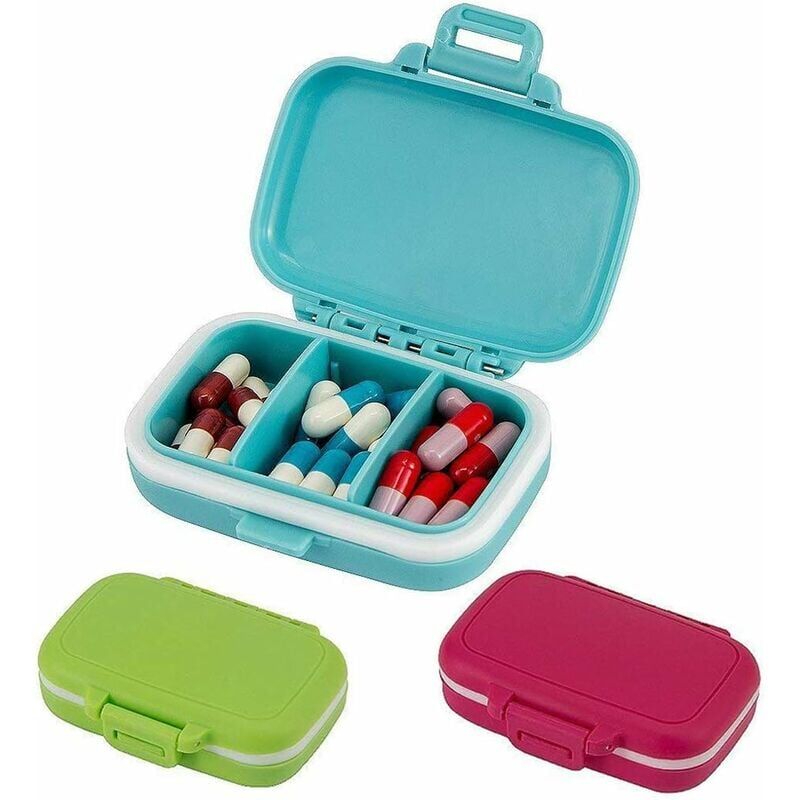 foto del prodotto portapillole portatile con 3 scomparti rimovibili per i viaggi, piccolo porta medicinali con chiusura di sicurezza, confezione da 3