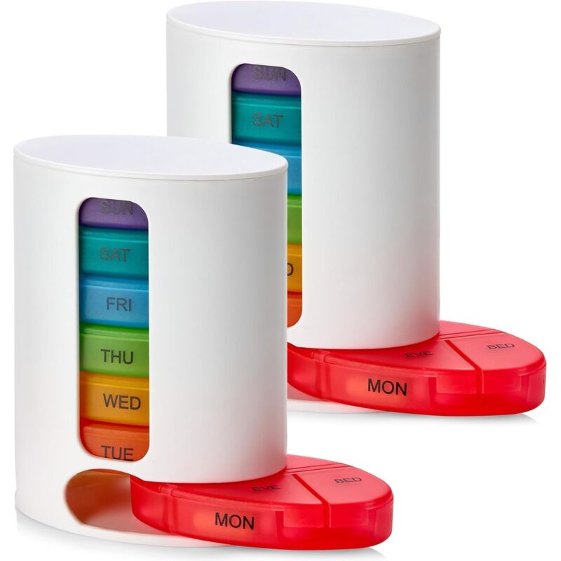 foto del prodotto portapillole settimanale da 2 pezzi, 1 dispenser, 7 scomparti impilabili multicolori, per quattro volte al giorno mattina, mezzogiorno, sera e prima