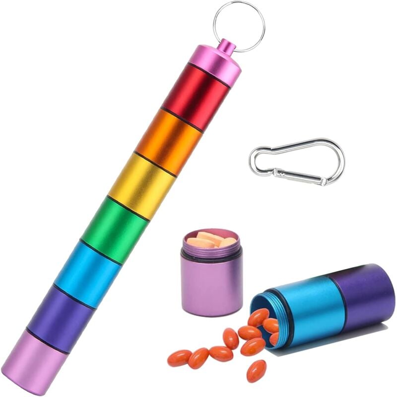 foto del prodotto portapillole settimanale, organizer per pillole da 7 giorni, portatile, rimovibile, impermeabile, portapillole tascabile in metallo con moschettone