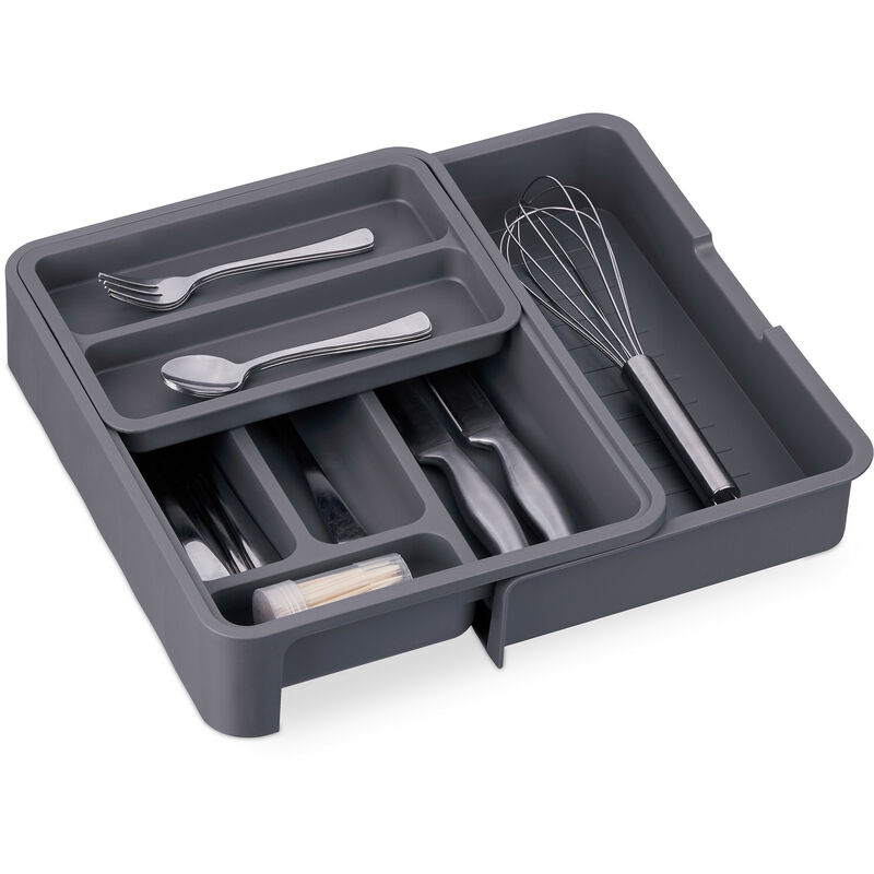 foto del prodotto portaposate da cassetto allungabile, hlp 6,5 x 23,5 40 x 31,5 cm 7 scomparti divisore per posate, grigio scuro relaxdays
