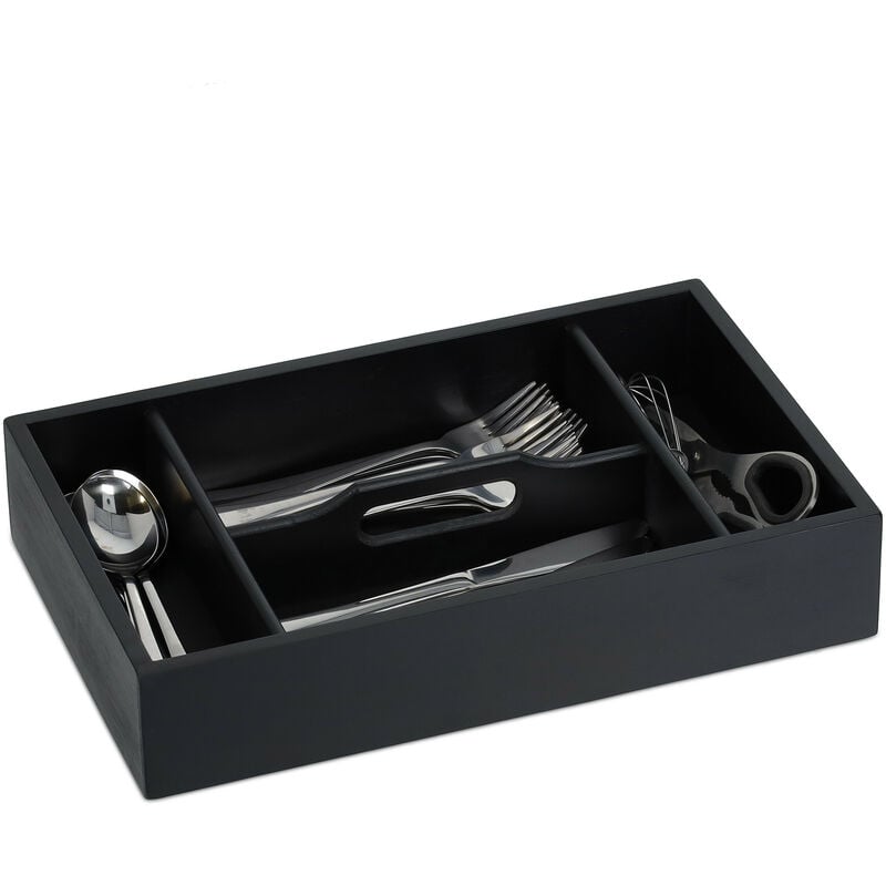 foto del prodotto portaposate da cassetto cucina, 4 scomparti per posate, hlp 7x37x23cm, divisorio portaoggetti, in bamb , nero relaxdays