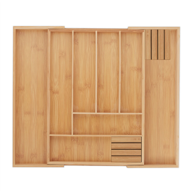 foto del prodotto portaposate da cassetto, regolabile, 6 8 scomparti, 5 x 32 x 43 cm, con 2 ceppi portacoltelli, bamb , naturale relaxdays