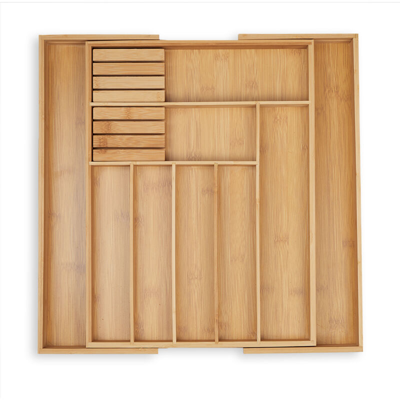 foto del prodotto portaposate da cassetto, regolabile 7 9 scomparti, 5,5x45x44,5 cm, con 2 ceppi portacoltelli, bamb , naturale relaxdays