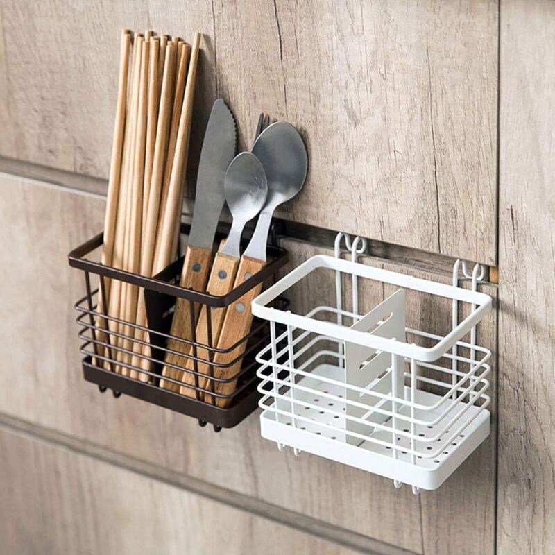 immagine 0 del prodotto portaposate da parete rettangolare con cestino appeso e scola bacchette con ganci da cucina per cucchiai, forchette e bacchette