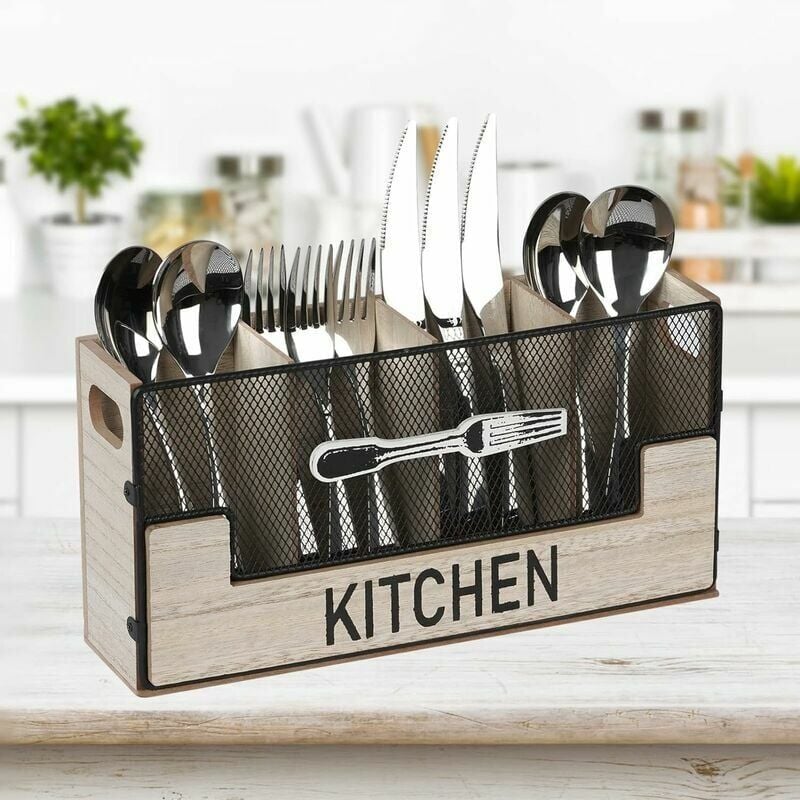 foto del prodotto portaposate in legno modello principale a 4 scomparti, portaposate da tavolo, portaposate decorativo, cestino per posate, portautensili da cucina per