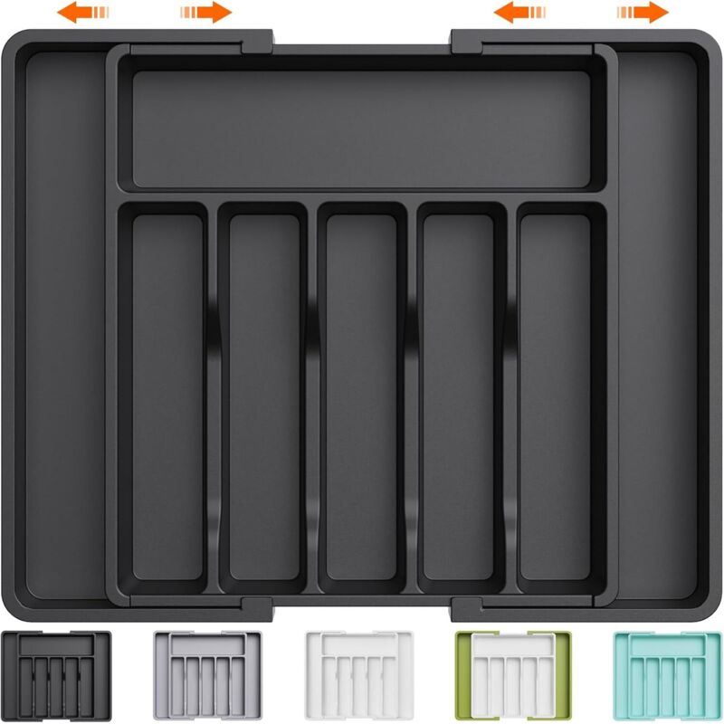 foto del prodotto portaposate, vassoio portautensili espandibile per cassetto, organizer per cassetti regolabile per cucina, contenitore compatto in plastica per