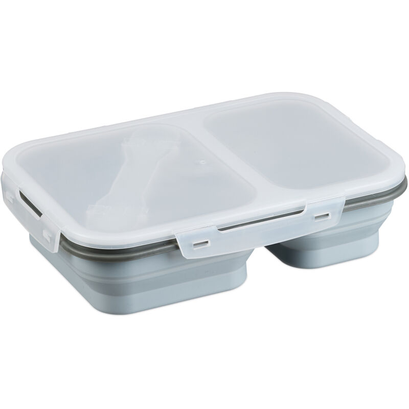 foto del prodotto portapranzo con posate, 2 scomparti, box riscaldabile al microonde, ermetico per alimento, silicone, grigio relaxdays