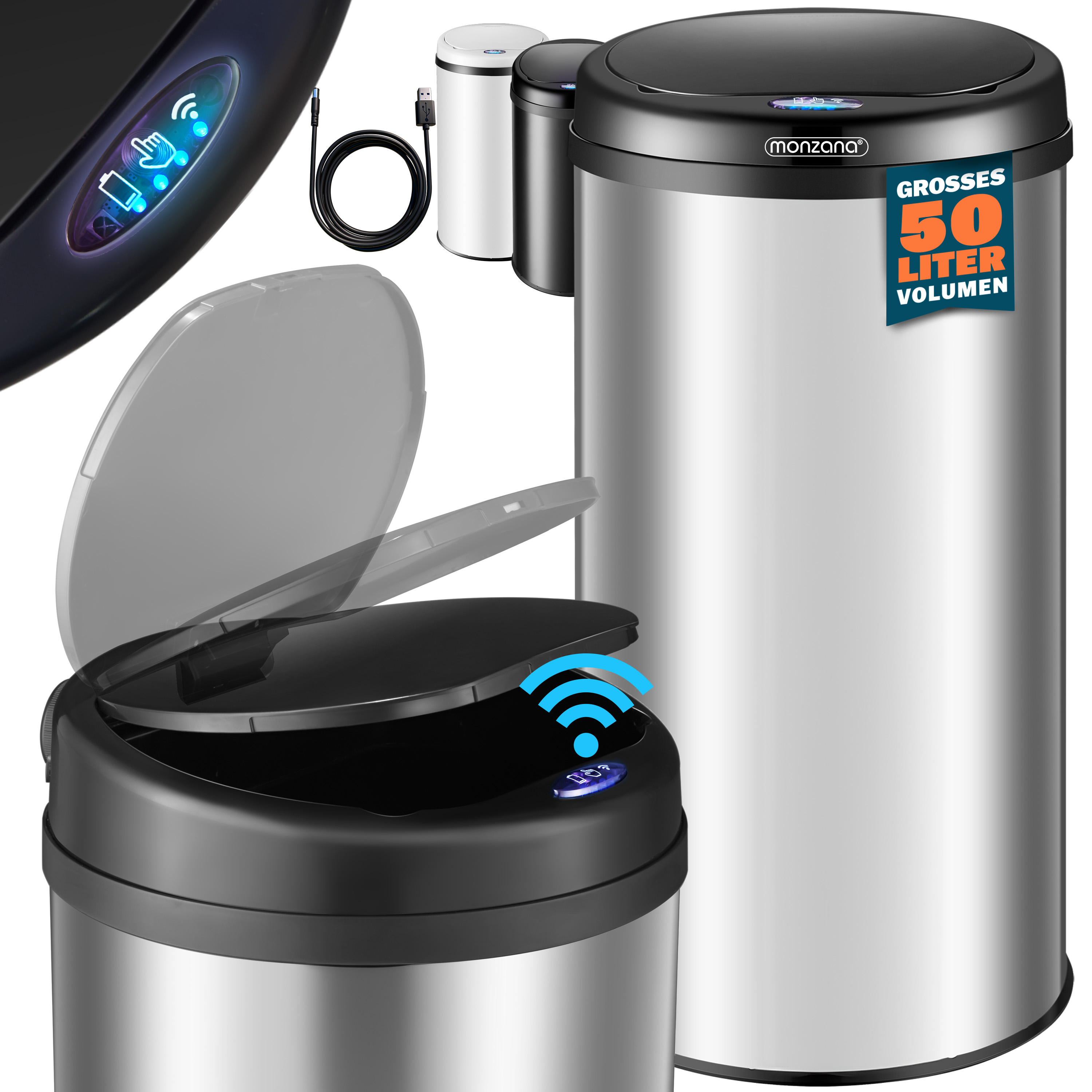 foto del prodotto portarifiuti sensor silver in acciaio inox 50 litri