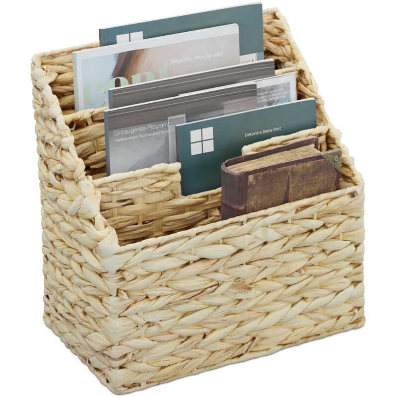 foto del prodotto portariviste da terra in giacinto intrecciato, cesto con 3 scomparti porta riviste e giornali, hlp 34x34x20 cm relaxdays