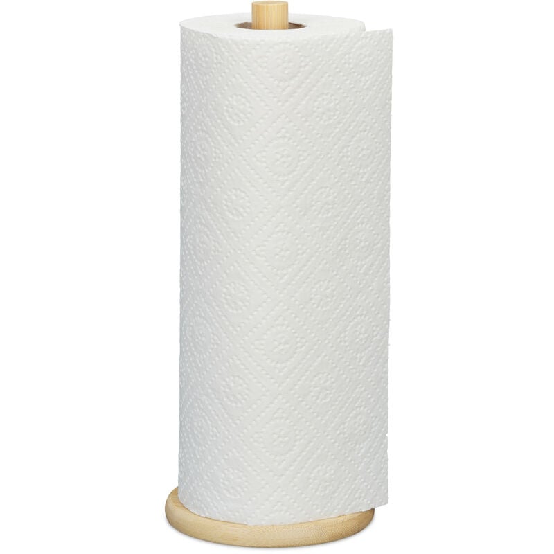 foto del prodotto portarotoli da cucina, in bamb , porta rotolone carta assorbente, rotondo, hxd 28 x 11,5 cm, marrone naturale relaxdays