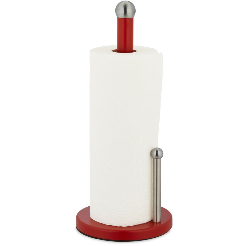 foto del prodotto portarotolo da cucina, porta rotolone, ferma carta assorbente, acciaio inox, hxd 35x15 cm, rosso argentato relaxdays