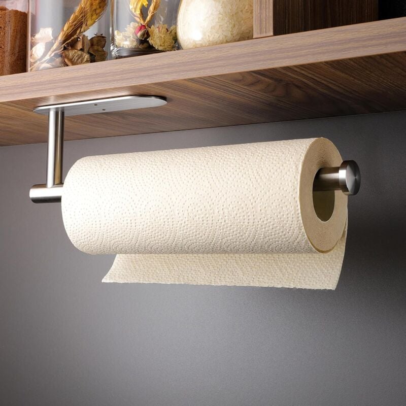 foto del prodotto portarotolo da cucina, senza fori, portarotolo da cucina, pratico portarotolo autoadesivo per basi, acciaio inox
