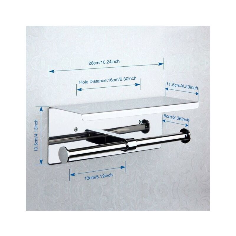 foto del prodotto portarotolo doppio per carta igienica, montaggio a parete con due rotoli, ripiano portaoggetti in acciaio inox 304, portarotolo con supporto per