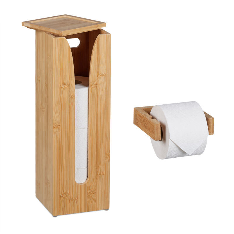 foto del prodotto portarotolo e supporto per carta igienica, in bamb , 4 rotoli, sostegno a parete, autoportante, naturale relaxdays