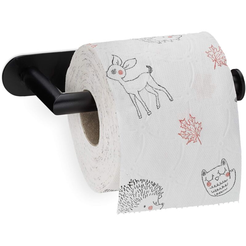 foto del prodotto portarotolo per carta igienica adesivo, in acciaio inox 430, da parete, porta rotolo da bagno, nero opaco, 3,5 x 17 x 8,5 cm relaxdays