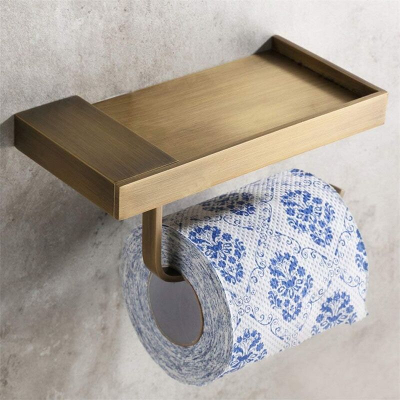 foto del prodotto portarotolo toilette vintage bronzo porta carta igienica in ottone con ripiano per cucina bagno