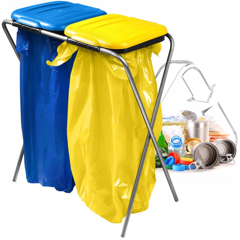 foto del prodotto portasacco per spazzatura per interni ed esterni, pratico supporto per sacchi della riciclaggio con capacit di 120l doppio giallo e blu kadax
