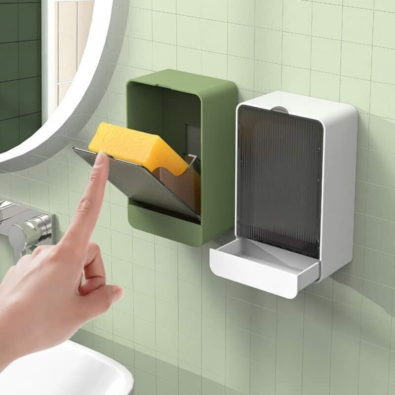 foto del prodotto portasapone con coperchio, portasapone a parete, portasapone senza foratura, vassoio di scarico rimovibile per lavandino, doccia, bagno, cucina bianco