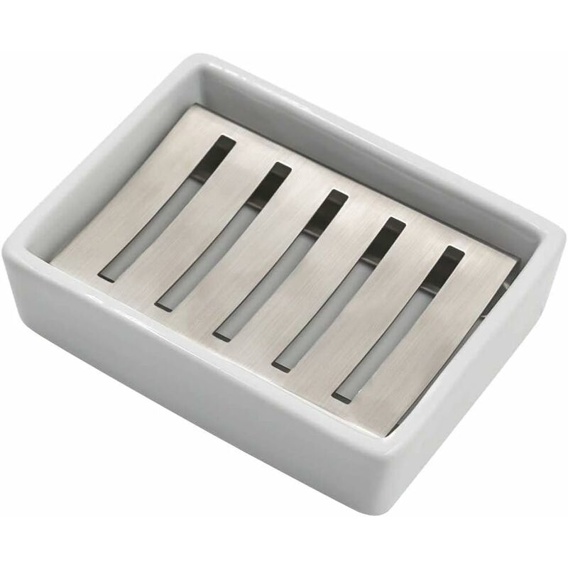 foto del prodotto portasapone in ceramica in acciaio inossidabile 304 per bagno, doppio strato, portasapone autosvuotante, dire no al sapone soffice, pulizia facile