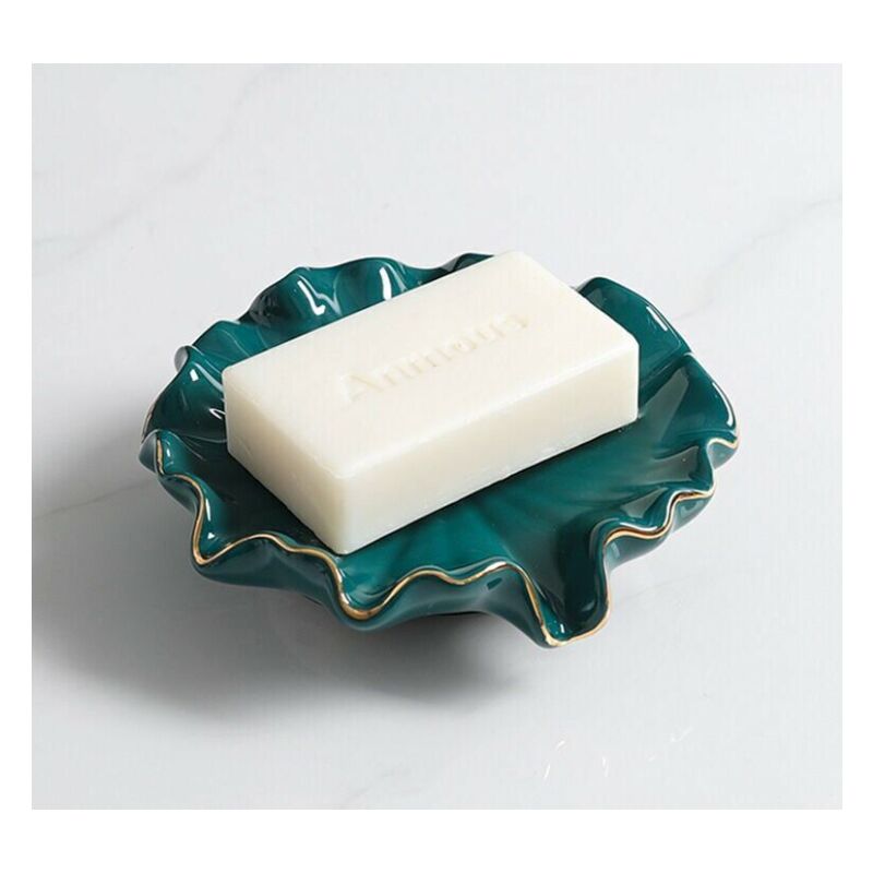 foto del prodotto portasapone in ceramica, portasapone con scarico, portasapone da bagno a forma di foglia di loto verde, 14 cm sollbry