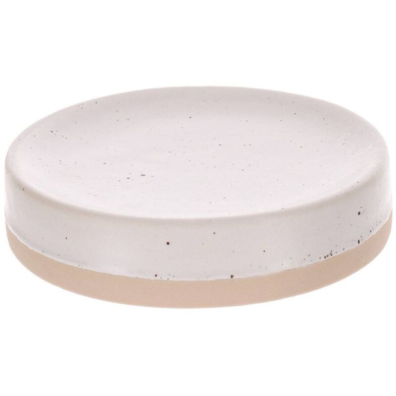 foto del prodotto portasapone in gres maculato e base opaca grezza bianco beige tendance
